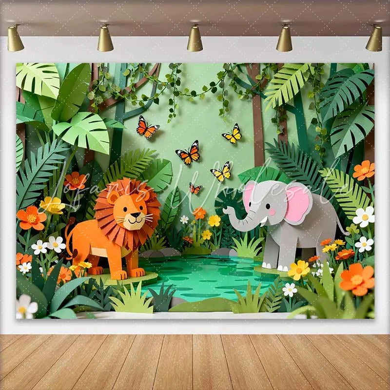 Lofaris Whimsical Paper Cut Jungle Safari Birthday Backdrop featuring Lion Elephant and Butterflies for Kids Party