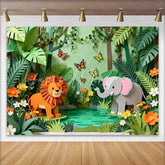 Lofaris Whimsical Paper Cut Jungle Safari Birthday Backdrop featuring Lion Elephant and Butterflies for Kids Party