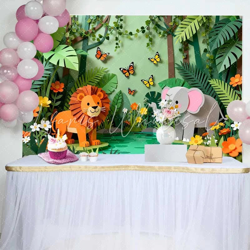 Lofaris Whimsical Paper Cut Jungle Safari Birthday Backdrop featuring Lion Elephant and Butterflies for Kids Party