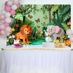 Lofaris Whimsical Paper Cut Jungle Safari Birthday Backdrop featuring Lion Elephant and Butterflies for Kids Party
