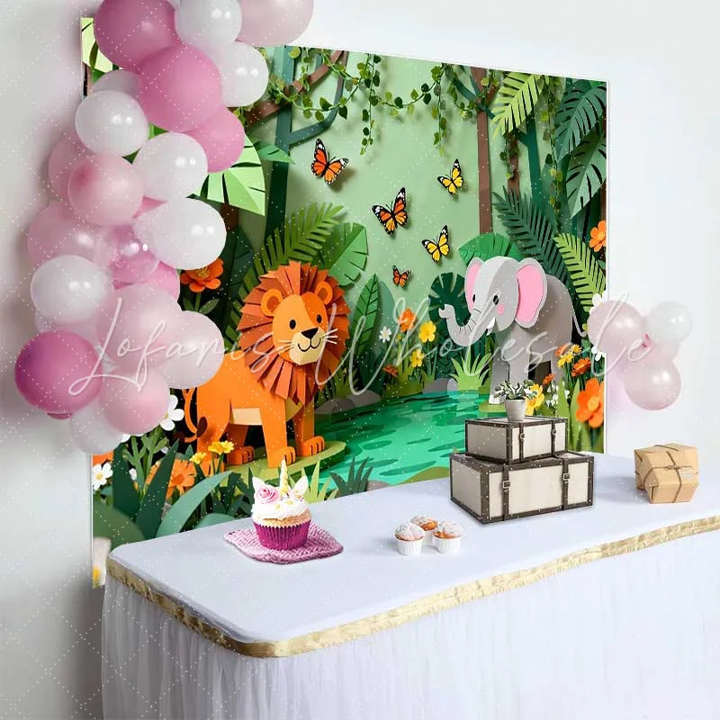 Lofaris Whimsical Paper Cut Jungle Safari Birthday Backdrop featuring Lion Elephant and Butterflies for Kids Party