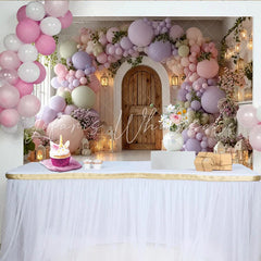 Lofaris Whimsical Pastel Balloon Arch Baby Shower Backdrop with Rustic Wooden Door and Lanterns Elegant Photo Background for Party Decor