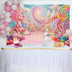 Lofaris Whimsical Pastel Candy Land Birthday Backdrop with Lollipops and Sweets Colorful Dessert Party Background for Kids Photoshoot Decor