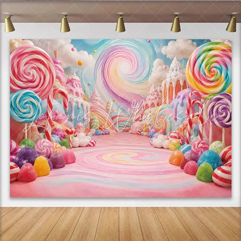 Lofaris Whimsical Pastel Candy Land Birthday Backdrop with Lollipops and Sweets Colorful Dessert Party Background for Kids Photoshoot Decor