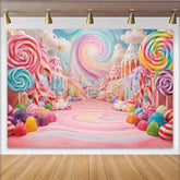 Lofaris Whimsical Pastel Candy Land Birthday Backdrop with Lollipops and Sweets Colorful Dessert Party Background for Kids Photoshoot Decor