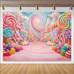 Lofaris Whimsical Pastel Candy Land Birthday Backdrop with Lollipops and Sweets Colorful Dessert Party Background for Kids Photoshoot Decor