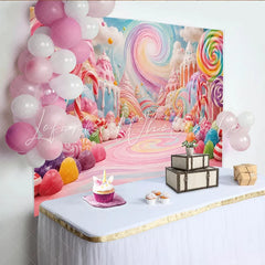 Lofaris Whimsical Pastel Candy Land Birthday Backdrop with Lollipops and Sweets Colorful Dessert Party Background for Kids Photoshoot Decor