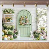 Lofaris Whimsical Pastel Spring Garden Party Backdrop Green Arched Door with Floral Wreath and Easter Bunnies