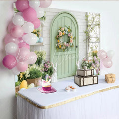Lofaris Whimsical Pastel Spring Garden Party Backdrop Green Arched Door with Floral Wreath and Easter Bunnies