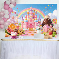 Lofaris Whimsical Pink Castle Candy Land Birthday Backdrop for Girls Sweet Ferris Wheel Party Decor and Photo Background