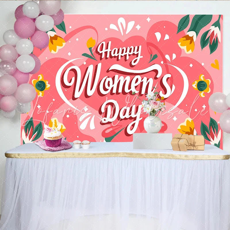 Lofaris Whimsical Pink Womens Day Backdrop Abstract Shapes and Tulips International Womens Day Banner