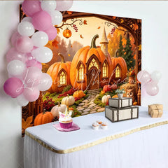 Lofaris Whimsical Pumpkin House Autumn Backdrop with Fall Leaves and Owl Rustic Photo Booth Prop for Seasonal Events.