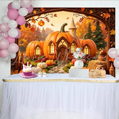 Lofaris Whimsical Pumpkin House Autumn Backdrop with Fall Leaves and Owl Rustic Photo Booth Prop for Seasonal Events.