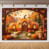 Lofaris Whimsical Pumpkin House Autumn Backdrop with Fall Leaves and Owl Rustic Photo Booth Prop for Seasonal Events.