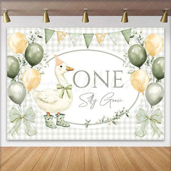 Lofaris Whimsical Silly Goose First Birthday Backdrop with Sage Green and Cream Balloons