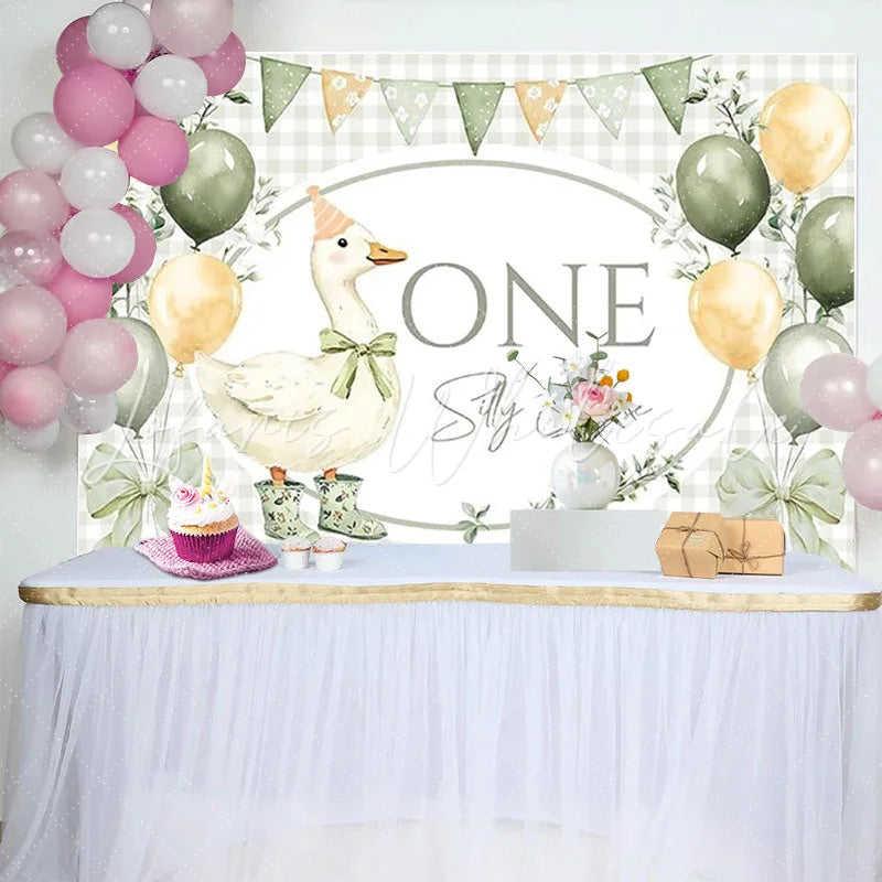 Lofaris Whimsical Silly Goose First Birthday Backdrop with Sage Green and Cream Balloons