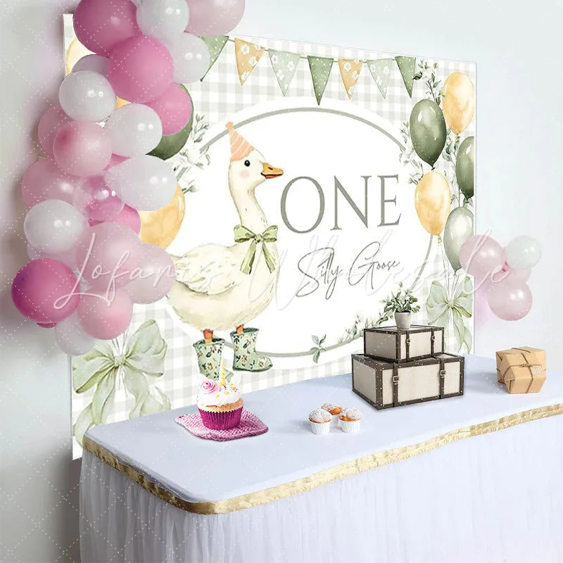 Lofaris Whimsical Silly Goose First Birthday Backdrop with Sage Green and Cream Balloons