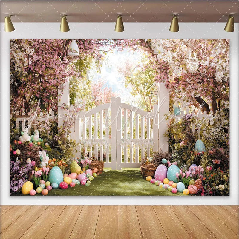 Lofaris Whimsical Spring Floral Arch Easter Backdrop White Picket Fence Garden with Pastel Eggs and Bunnies Party Decor.