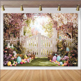 Lofaris Whimsical Spring Floral Arch Easter Backdrop White Picket Fence Garden with Pastel Eggs and Bunnies Party Decor.