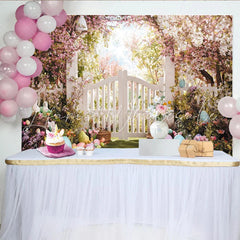 Lofaris Whimsical Spring Floral Arch Easter Backdrop White Picket Fence Garden with Pastel Eggs and Bunnies Party Decor.