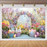Lofaris Whimsical Spring Floral Arch Easter Backdrop with Cute Bunnies and Colorful Eggs for Party Decor