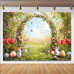 Lofaris Whimsical Spring Floral Easter Backdrop with Arch Flying Butterflies and Colorful Eggs