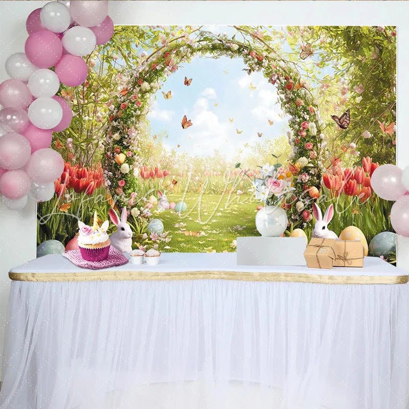 Lofaris Whimsical Spring Floral Easter Backdrop with Arch Flying Butterflies and Colorful Eggs