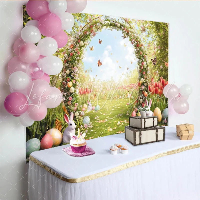 Lofaris Whimsical Spring Floral Easter Backdrop with Arch Flying Butterflies and Colorful Eggs