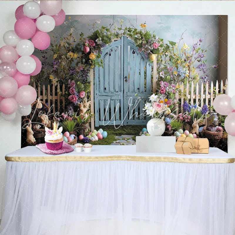 Lofaris Whimsical Spring Garden Easter Backdrop with Blue Wooden Door White Picket Fence and Colorful Flowers Green Grass