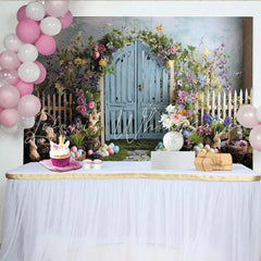 Lofaris Whimsical Spring Garden Easter Backdrop with Blue Wooden Door White Picket Fence and Colorful Flowers Green Grass