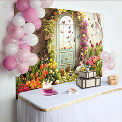 Lofaris Whimsical Spring Garden Easter Backdrop with Cute Bunnies Vibrant Flowers and Butterflies Arched Door Decor