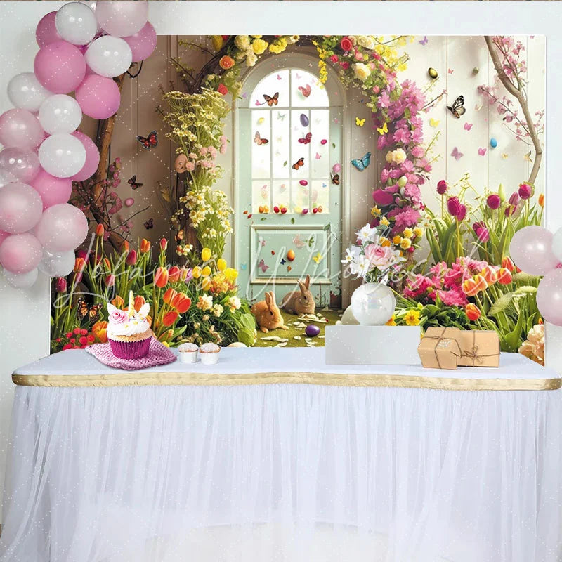 Lofaris Whimsical Spring Garden Easter Backdrop with Cute Bunnies Vibrant Flowers and Butterflies Arched Door Decor