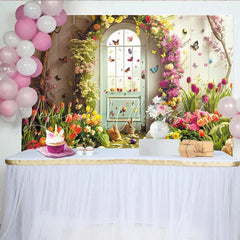 Lofaris Whimsical Spring Garden Easter Backdrop with Cute Bunnies Vibrant Flowers and Butterflies Arched Door Decor
