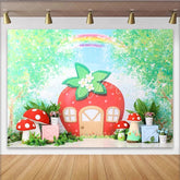 Lofaris Whimsical Strawberry House Photography Backdrop with Red Mushrooms and Green Foliage Fairy Tale Garden for Kids Photoshoot