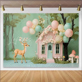 Lofaris Whimsical Woodland Fairy House and Deer Birthday Cake Smash Backdrop Pastel Balloons Decor