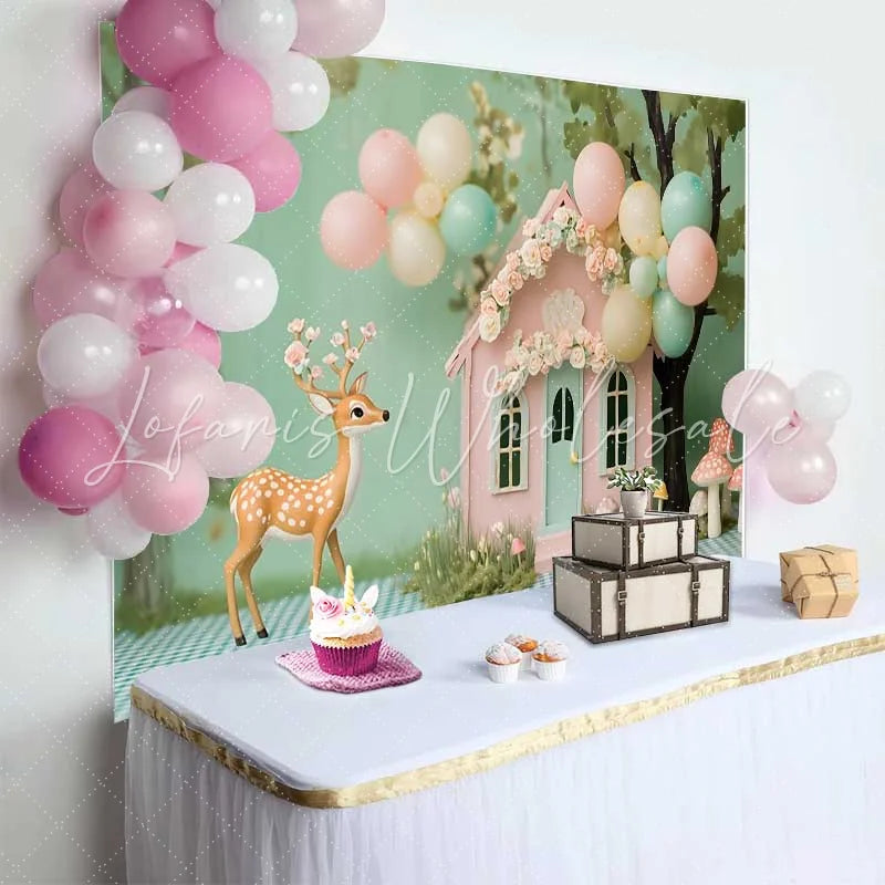 Lofaris Whimsical Woodland Fairy House and Deer Birthday Cake Smash Backdrop Pastel Balloons Decor