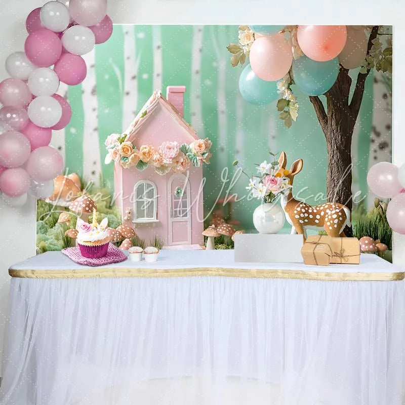 Lofaris Whimsical Woodland Pink Floral House and Deer Birthday Cake Smash Backdrop Baby Shower Party Decor
