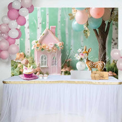 Lofaris Whimsical Woodland Pink Floral House and Deer Birthday Cake Smash Backdrop Baby Shower Party Decor