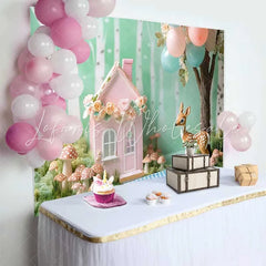 Lofaris Whimsical Woodland Pink Floral House and Deer Birthday Cake Smash Backdrop Baby Shower Party Decor