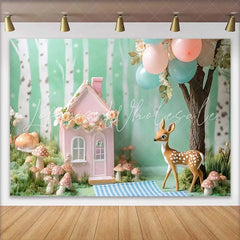 Lofaris Whimsical Woodland Pink Floral House and Deer Birthday Cake Smash Backdrop Baby Shower Party Decor