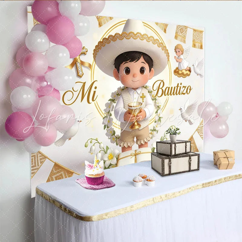 Lofaris White and Gold Mi Bautizo Baptism Backdrop for Boy with Cute Cartoon Boy Doves and Angel Elegant Photo Background