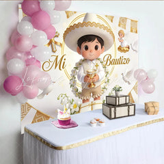 Lofaris White and Gold Mi Bautizo Baptism Backdrop for Boy with Cute Cartoon Boy Doves and Angel Elegant Photo Background
