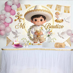 Lofaris White and Gold Mi Bautizo Baptism Backdrop for Boy with Cute Cartoon Boy Doves and Angel Elegant Photo Background