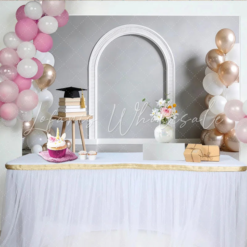 Lofaris White and Rose Gold Graduation Backdrop with Balloons and Cap Elegant Photo Background for Party Celebration