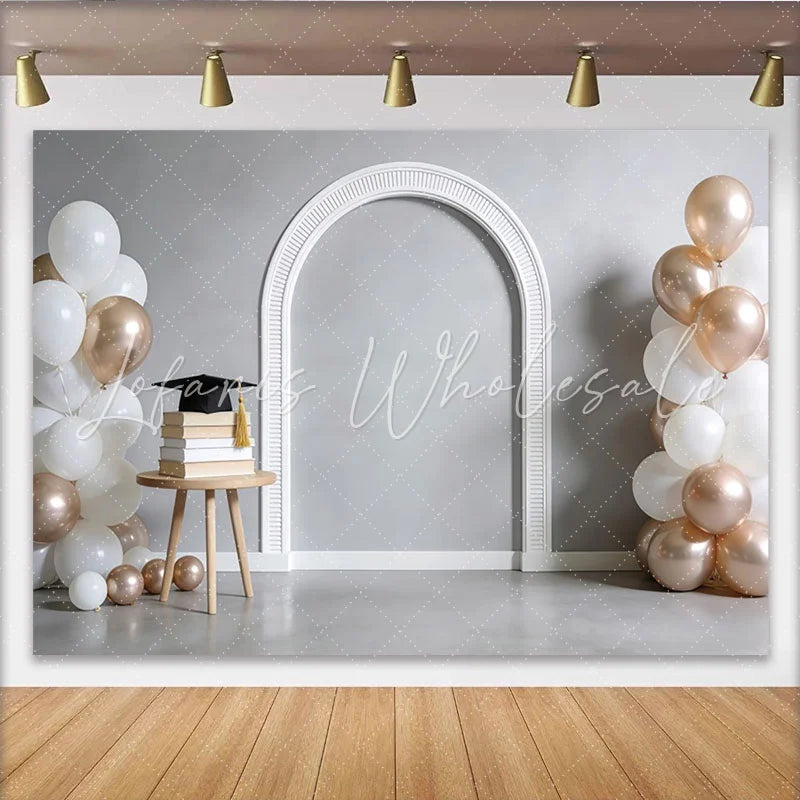 Lofaris White and Rose Gold Graduation Backdrop with Balloons and Cap Elegant Photo Background for Party Celebration