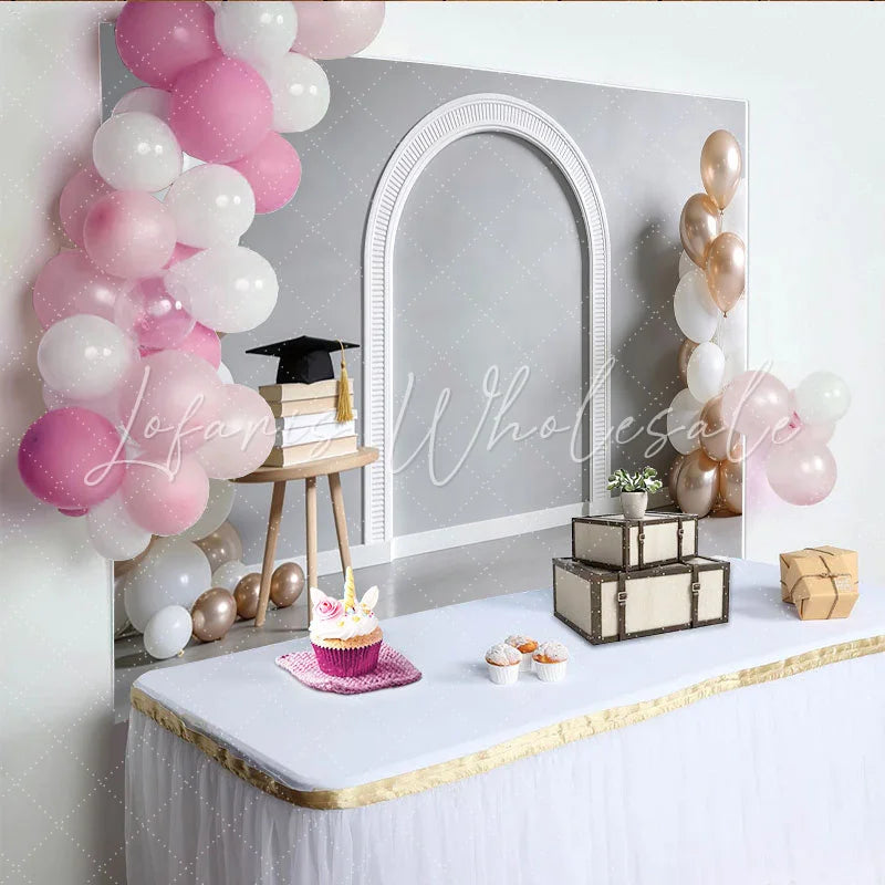 Lofaris White and Rose Gold Graduation Backdrop with Balloons and Cap Elegant Photo Background for Party Celebration