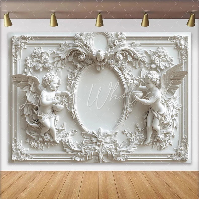 Lofaris White Angel Photography Backdrop with Elegant Floral Details Classic Sculptural Background for Portrait Studio and Wedding Decor