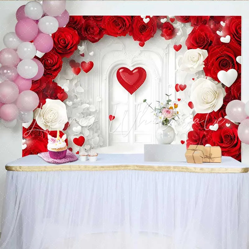 Lofaris White Arch Door Floral Backdrop Red and White Roses for Valentine’s Day Wedding Romantic Photography Studio Background