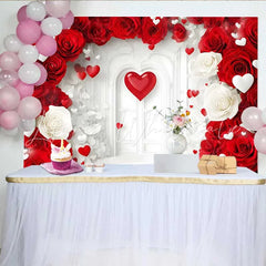 Lofaris White Arch Door Floral Backdrop Red and White Roses for Valentine’s Day Wedding Romantic Photography Studio Background
