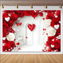 Lofaris White Arch Door Floral Backdrop Red and White Roses for Valentine’s Day Wedding Romantic Photography Studio Background